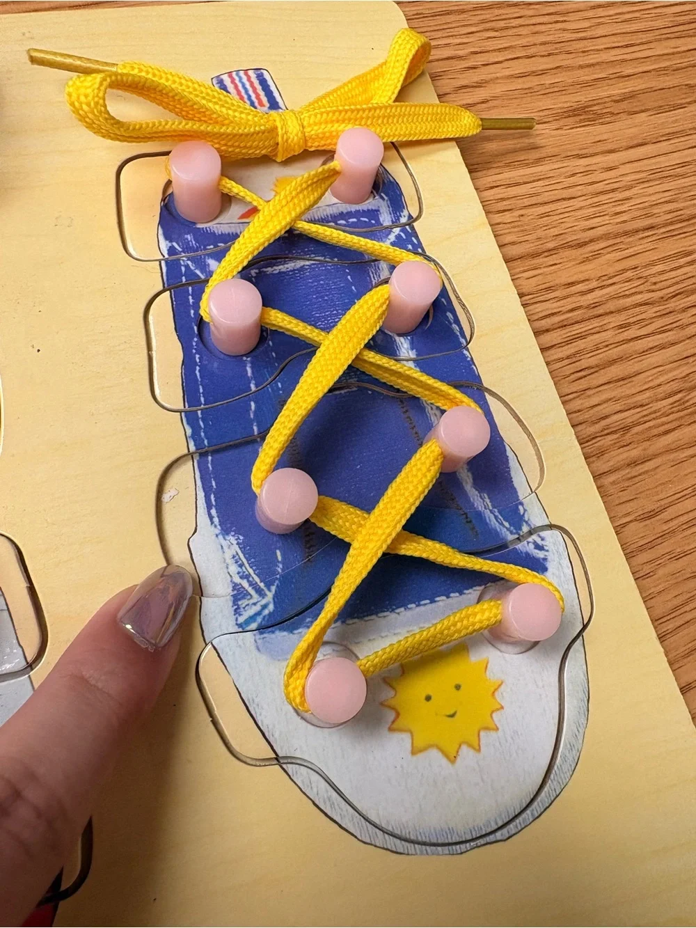 Wooden Shoe Lacing Board for Kids - Yellow, Red, Blue Laces